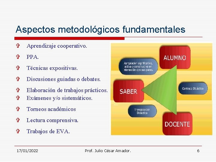 Aspectos metodológicos fundamentales V Aprendizaje cooperativo. V PPA. V Técnicas expositivas. V Discusiones guiadas