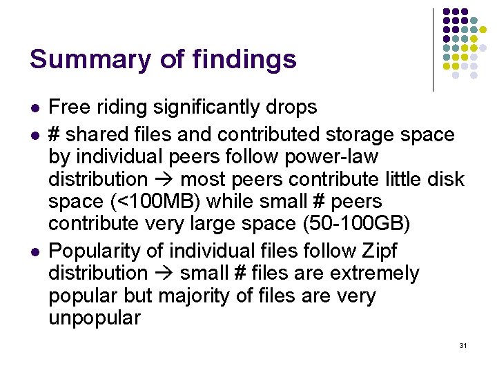 Summary of findings l l l Free riding significantly drops # shared files and