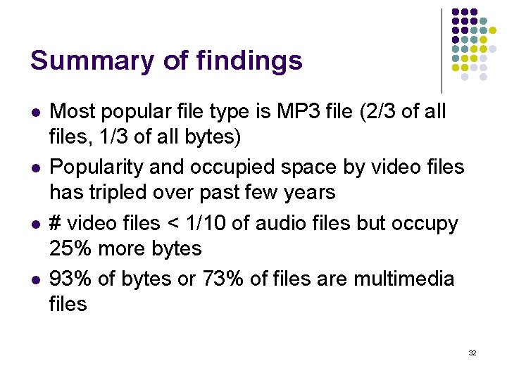 Summary of findings l l Most popular file type is MP 3 file (2/3