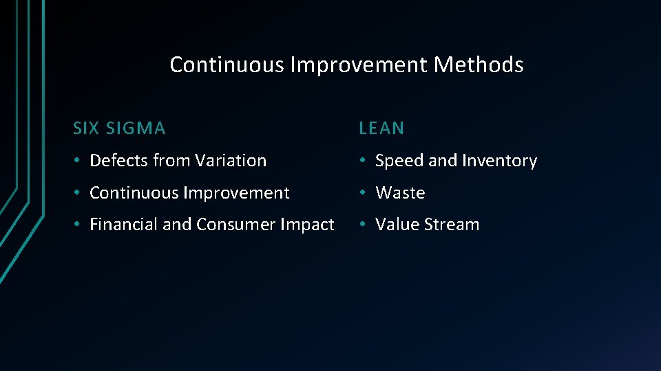 Continuous Improvement Methods SIX SIGMA LEAN • Defects from Variation • Speed and Inventory