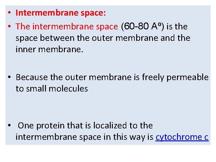  • Intermembrane space: • The intermembrane space (60 -80 Aº) is the space