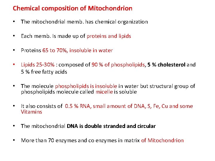 Chemical composition of Mitochondrion • The mitochondrial memb. has chemical organization • Each memb.