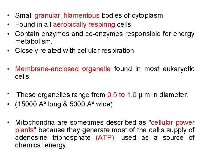  • Small granular, filamentous bodies of cytoplasm • Found in all aerobically respiring