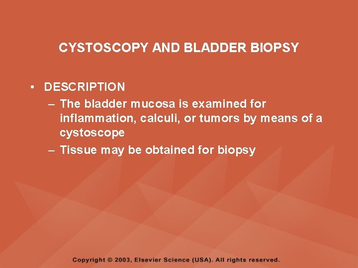 CYSTOSCOPY AND BLADDER BIOPSY • DESCRIPTION – The bladder mucosa is examined for inflammation,