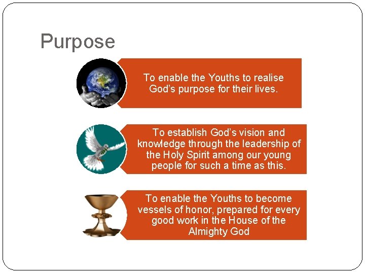 Purpose To enable the Youths to realise God’s purpose for their lives. To establish