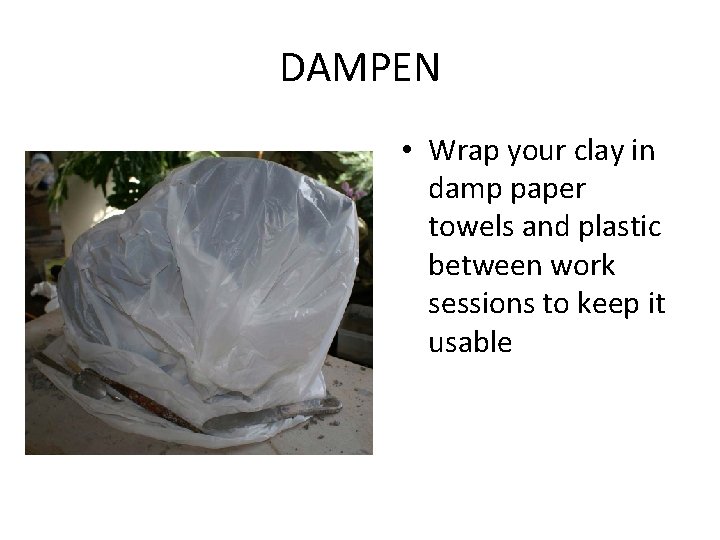 DAMPEN • Wrap your clay in damp paper towels and plastic between work sessions