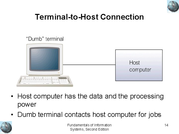 Terminal-to-Host Connection • Host computer has the data and the processing power • Dumb