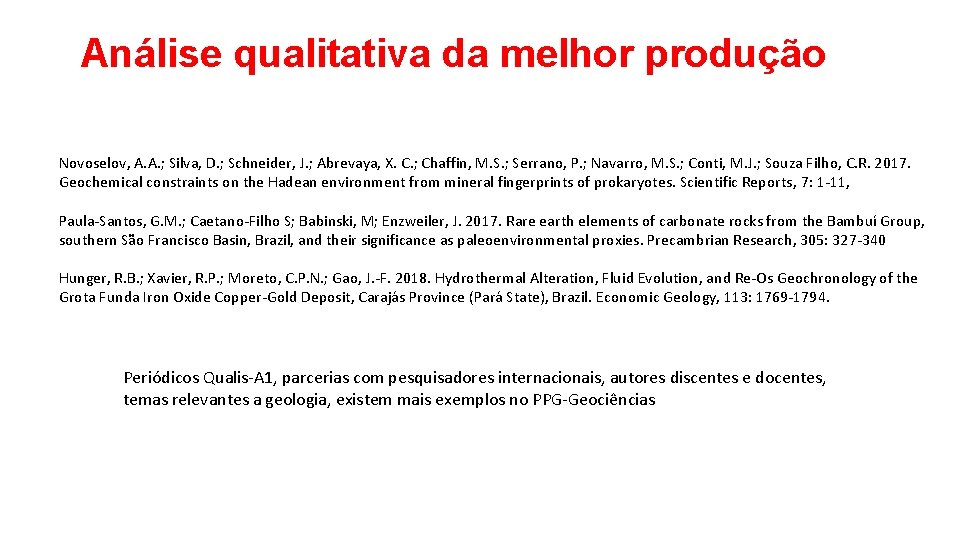 Análise qualitativa da melhor produção Novoselov, A. A. ; Silva, D. ; Schneider, J.