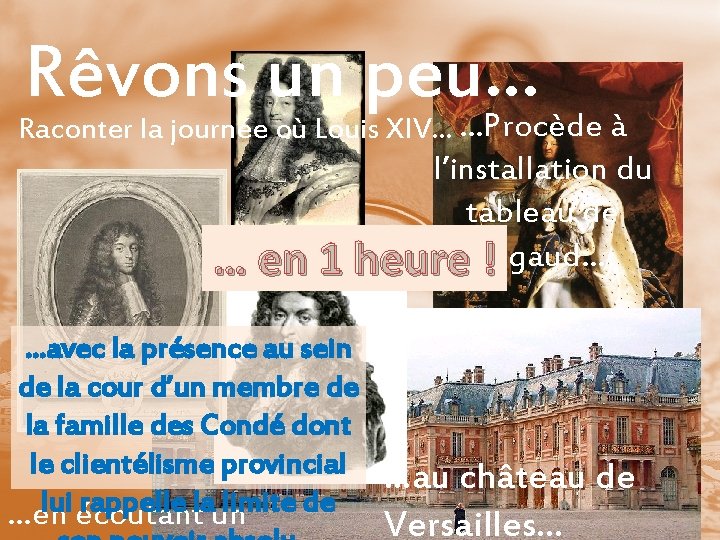 Rêvons un peu… Raconter la journée où Louis XIV… …Procède à l’installation du tableau