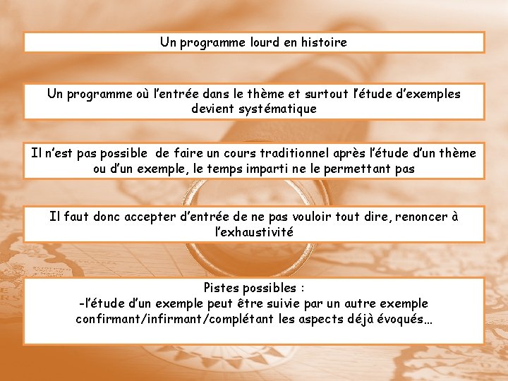 Un programme lourd en histoire Un programme où l’entrée dans le thème et surtout