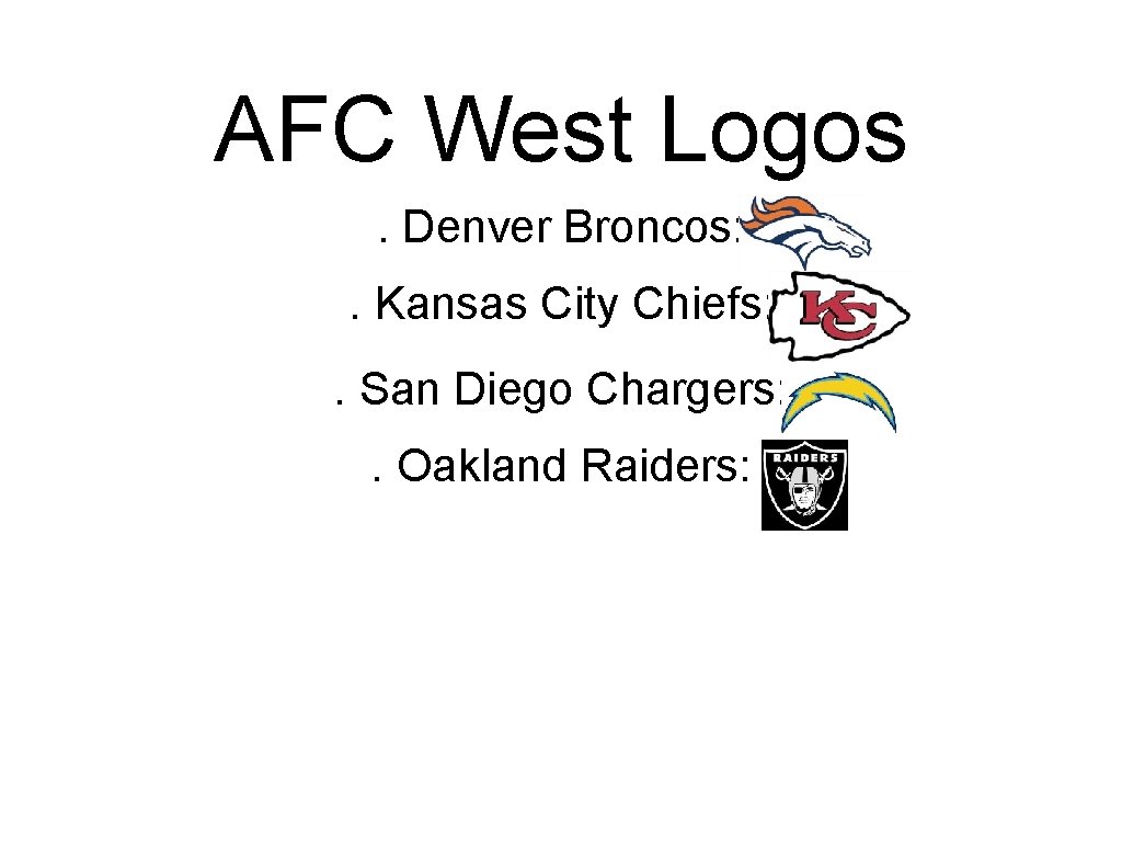 AFC West Logos. Denver Broncos: . Kansas City Chiefs: . San Diego Chargers: .