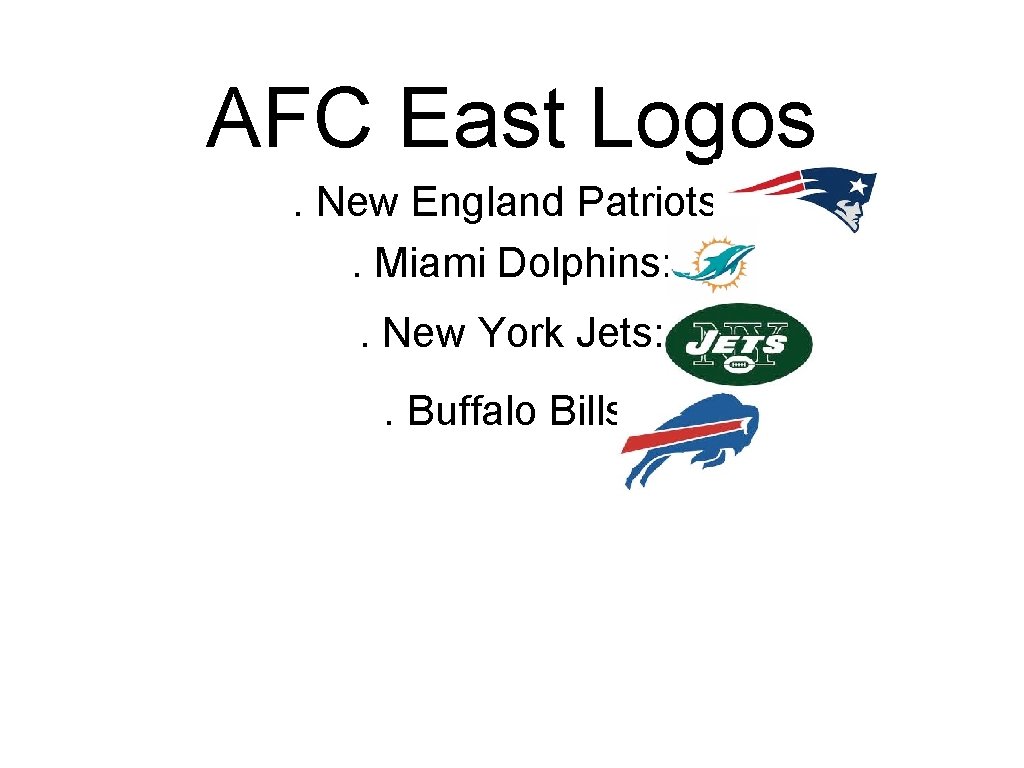 AFC East Logos. New England Patriots: . Miami Dolphins: . New York Jets: .