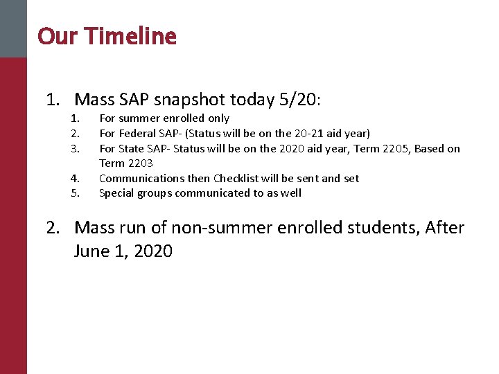 Our Timeline 1. Mass SAP snapshot today 5/20: 1. 2. 3. 4. 5. For