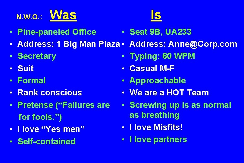 N. W. O. : • • Was Pine-paneled Office • Address: 1 Big Man