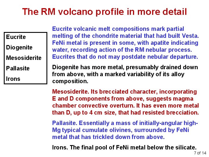 The RM volcano profile in more detail Eucrite Diogenite Mesosiderite Pallasite Irons Eucrite volcanic