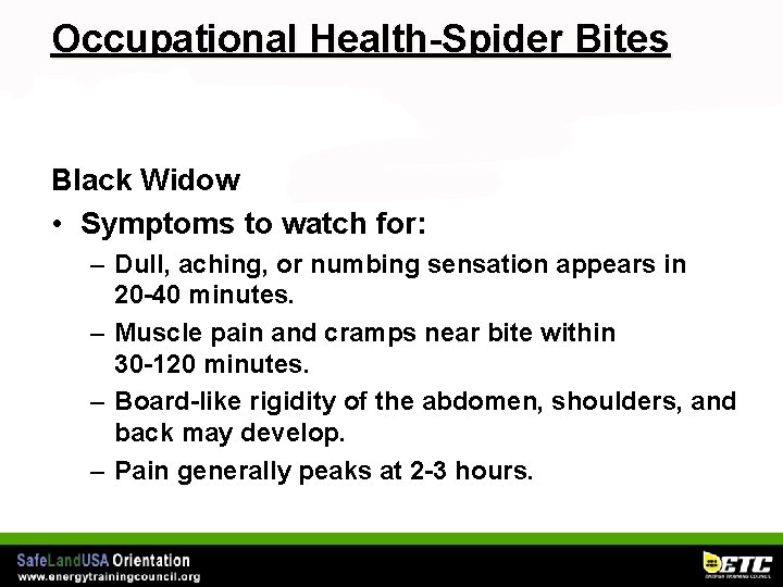 Occupational Health-Spider Bites Black Widow • Symptoms to watch for: – Dull, aching, or