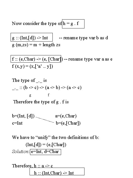 Now consider the type of h = g. f g : : (Int, [d])