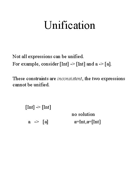 Unification Not all expressions can be unified. For example, consider [Int] -> [Int] and