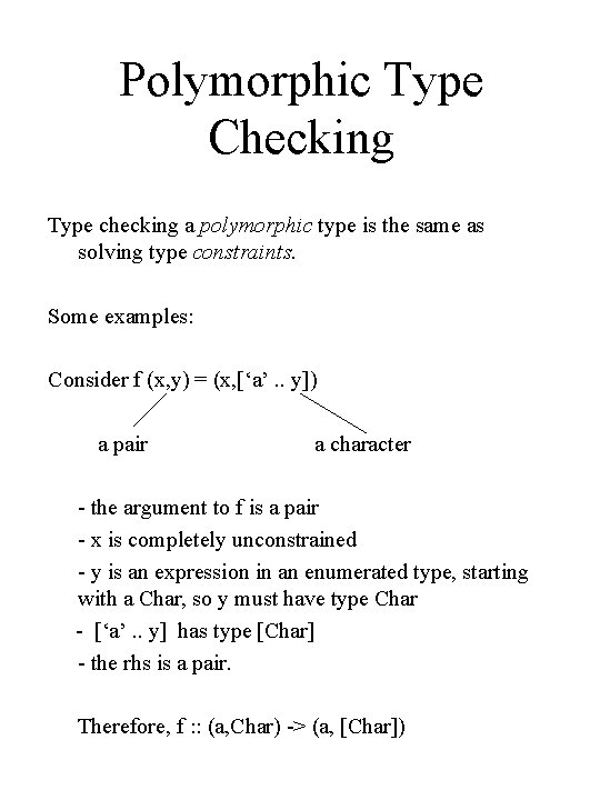 Polymorphic Type Checking Type checking a polymorphic type is the same as solving type