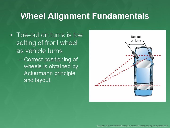 Wheel Alignment Fundamentals • Toe-out on turns is toe setting of front wheel as