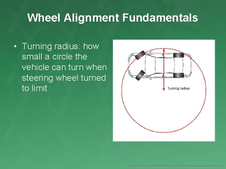 Wheel Alignment Fundamentals • Turning radius: how small a circle the vehicle can turn
