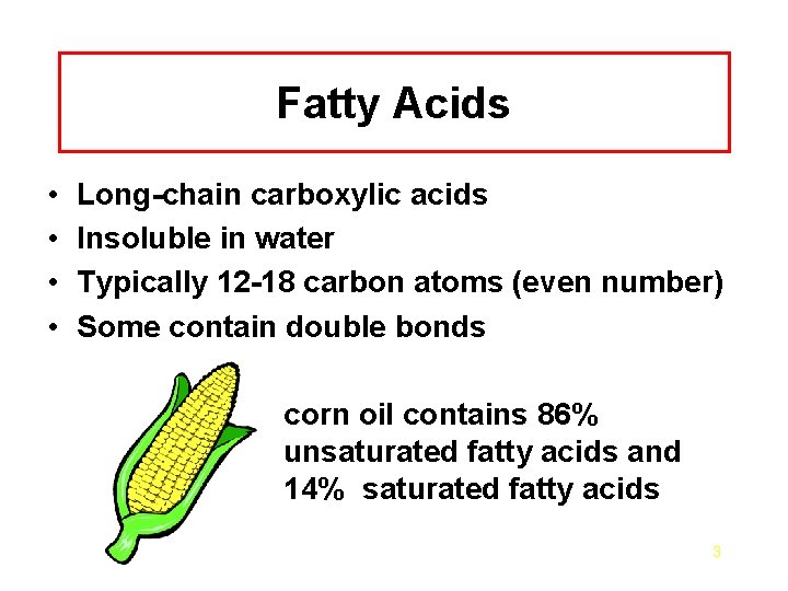 Fatty Acids • • Long-chain carboxylic acids Insoluble in water Typically 12 -18 carbon