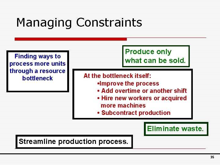 Managing Constraints Finding ways to process more units through a resource bottleneck Produce only