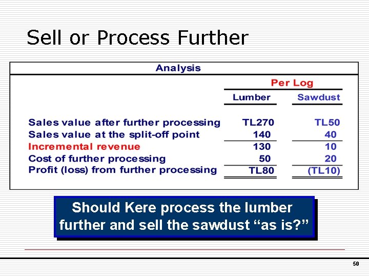 Sell or Process Further Should Kere process the lumber further and sell the sawdust
