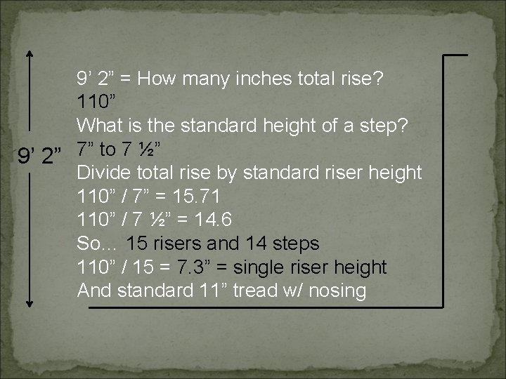 9’ 2” = How many inches total rise? 110” What is the standard height
