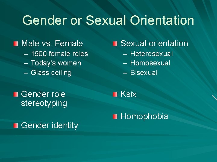 Gender or Sexual Orientation Male vs. Female – 1900 female roles – Today's women