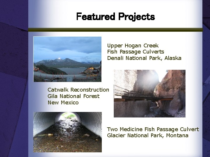 Featured Projects Upper Hogan Creek Fish Passage Culverts Denali National Park, Alaska Catwalk Reconstruction