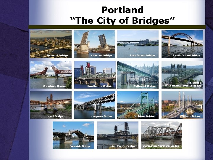 Portland “The City of Bridges” Fremont Bridge Broadway Bridge Steel Bridge Morrison Bridge Ross