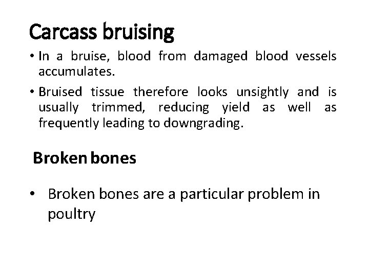 Carcass bruising • In a bruise, blood from damaged blood vessels accumulates. • Bruised
