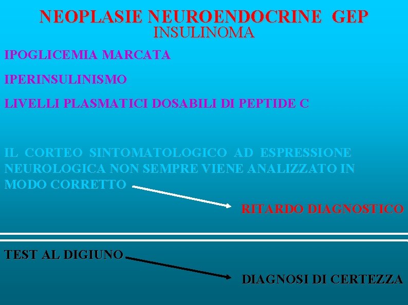 NEOPLASIE NEUROENDOCRINE GEP INSULINOMA IPOGLICEMIA MARCATA IPERINSULINISMO LIVELLI PLASMATICI DOSABILI DI PEPTIDE C IL