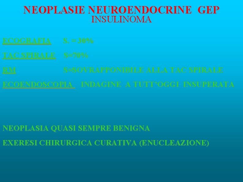 NEOPLASIE NEUROENDOCRINE GEP INSULINOMA ECOGRAFIA S. = 30% TAC SPIRALE S=70% RM S=SOVRAPPONIBILE ALLA