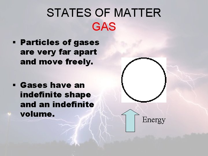 STATES OF MATTER GAS § Particles of gases are very far apart and move