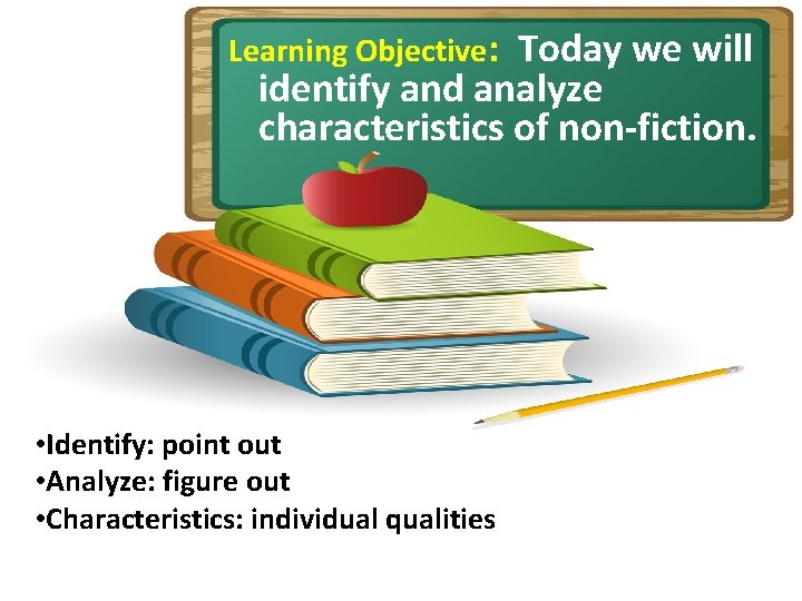 Learning Objective: Today we will identify and analyze characteristics of non-fiction. • Identify: point