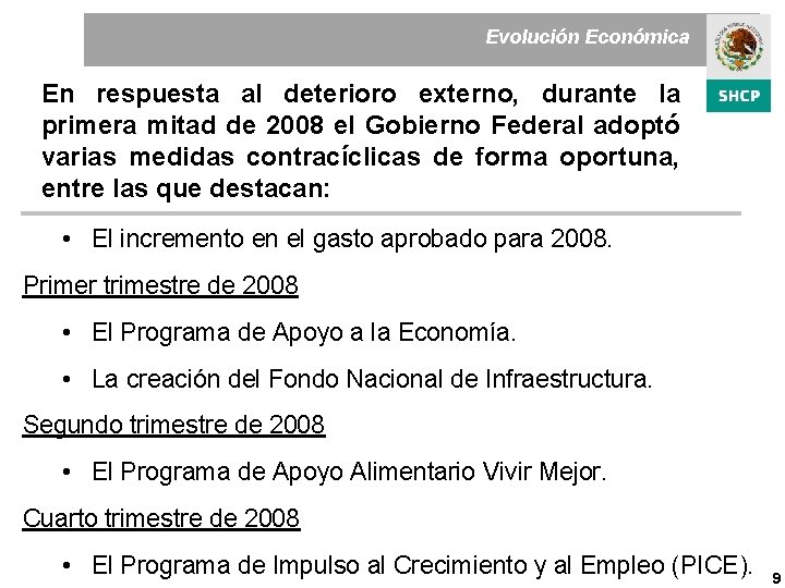 Evolución Económica En respuesta al deterioro externo, durante la primera mitad de 2008 el