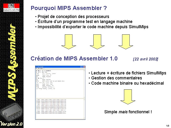 Pourquoi MIPS Assembler ? • Projet de conception des processeurs • Écriture d’un programme