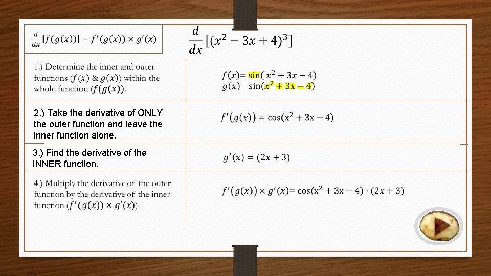 2. ) Take the derivative of ONLY the outer function and leave the inner