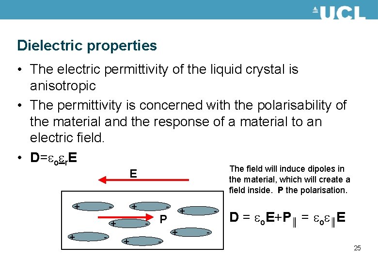 Dielectric properties • The electric permittivity of the liquid crystal is anisotropic • The