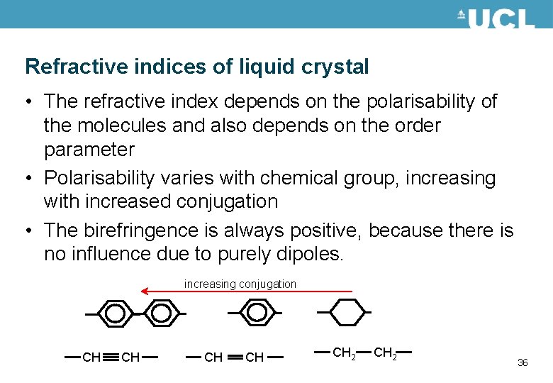Refractive indices of liquid crystal • The refractive index depends on the polarisability of