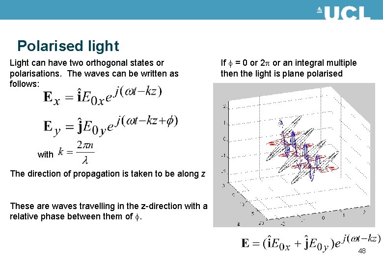 Polarised light Light can have two orthogonal states or polarisations. The waves can be