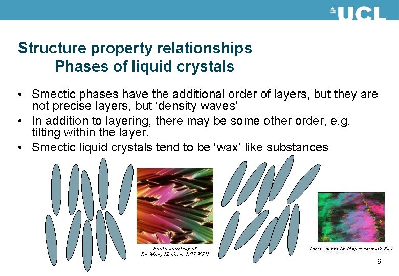 Structure property relationships Phases of liquid crystals • Smectic phases have the additional order