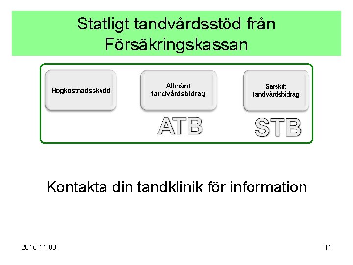Statligt tandvårdsstöd från Försäkringskassan Kontakta din tandklinik för information 2016 -11 -08 11 Statligt tandvårdsstöd från Försäkringskassan Kontakta din tandklinik för information 2016 -11 -08 11