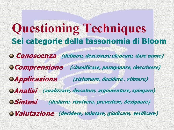 Questioning Techniques Sei categorie della tassonomia di Bloom Conoscenza (definire, descrivere elencare, dare nome)