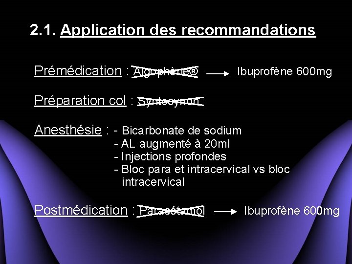 2. 1. Application des recommandations Prémédication : Algophène® Ibuprofène 600 mg Préparation col :