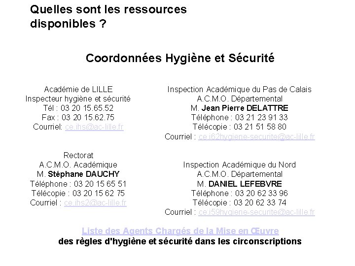 Quelles sont les ressources disponibles ? Coordonnées Hygiène et Sécurité Académie de LILLE Inspecteur