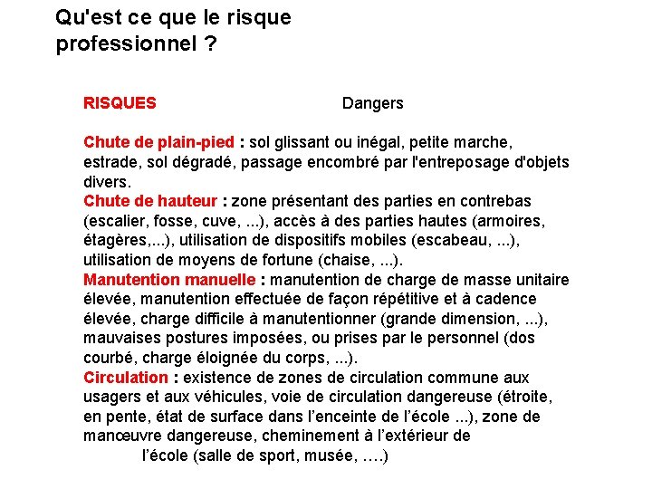 Qu'est ce que le risque professionnel ? RISQUES Dangers Chute de plain-pied : sol