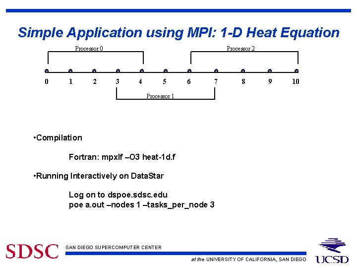 Simple Application using MPI: 1 -D Heat Equation Processor 0 0 1 2 Processor